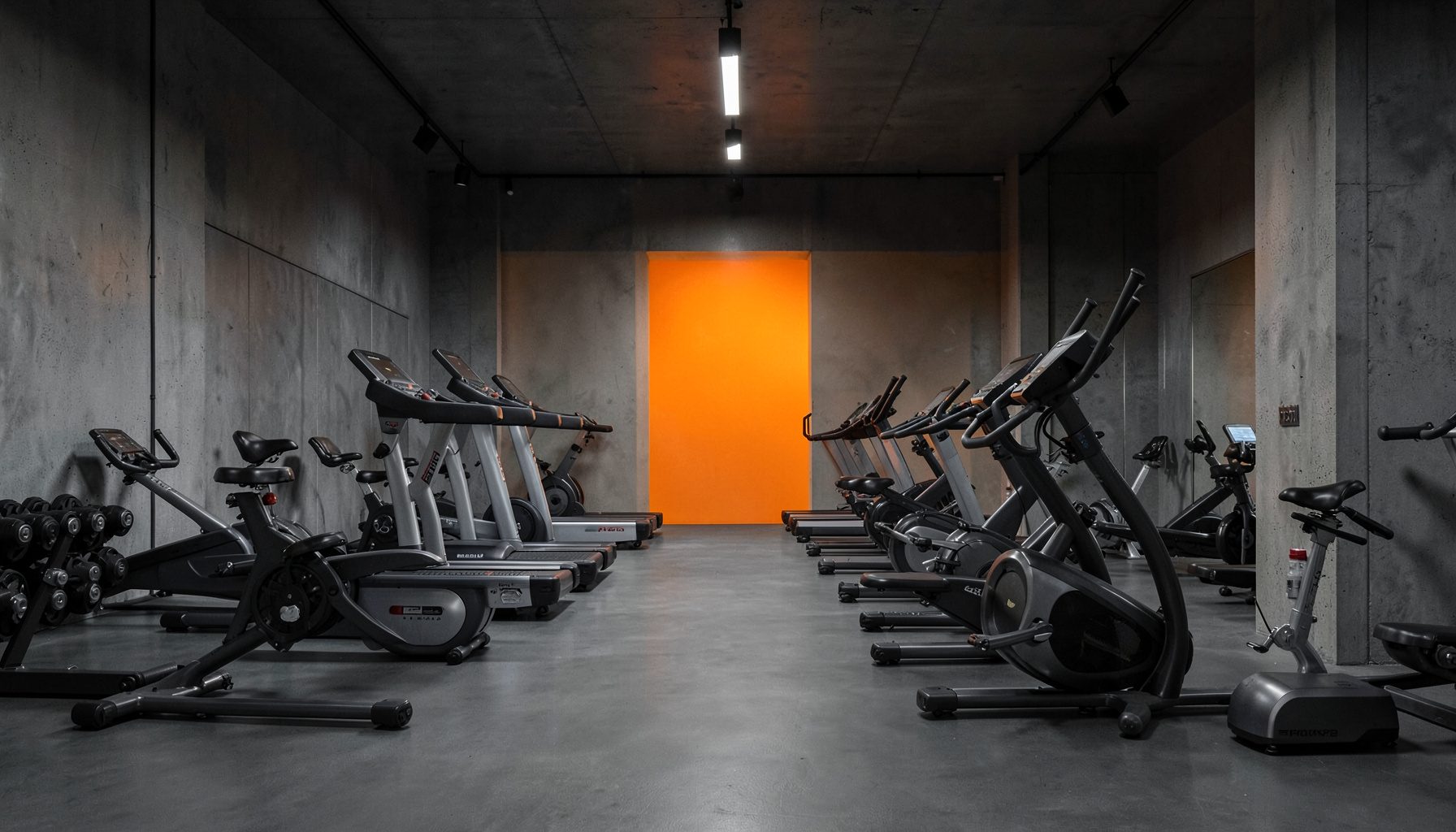Intérieur de salle de sport avec une rangée de vélos elliptiques modernes, éclairage tamisé, ambiance industrielle aux tons gris anthracite et noir